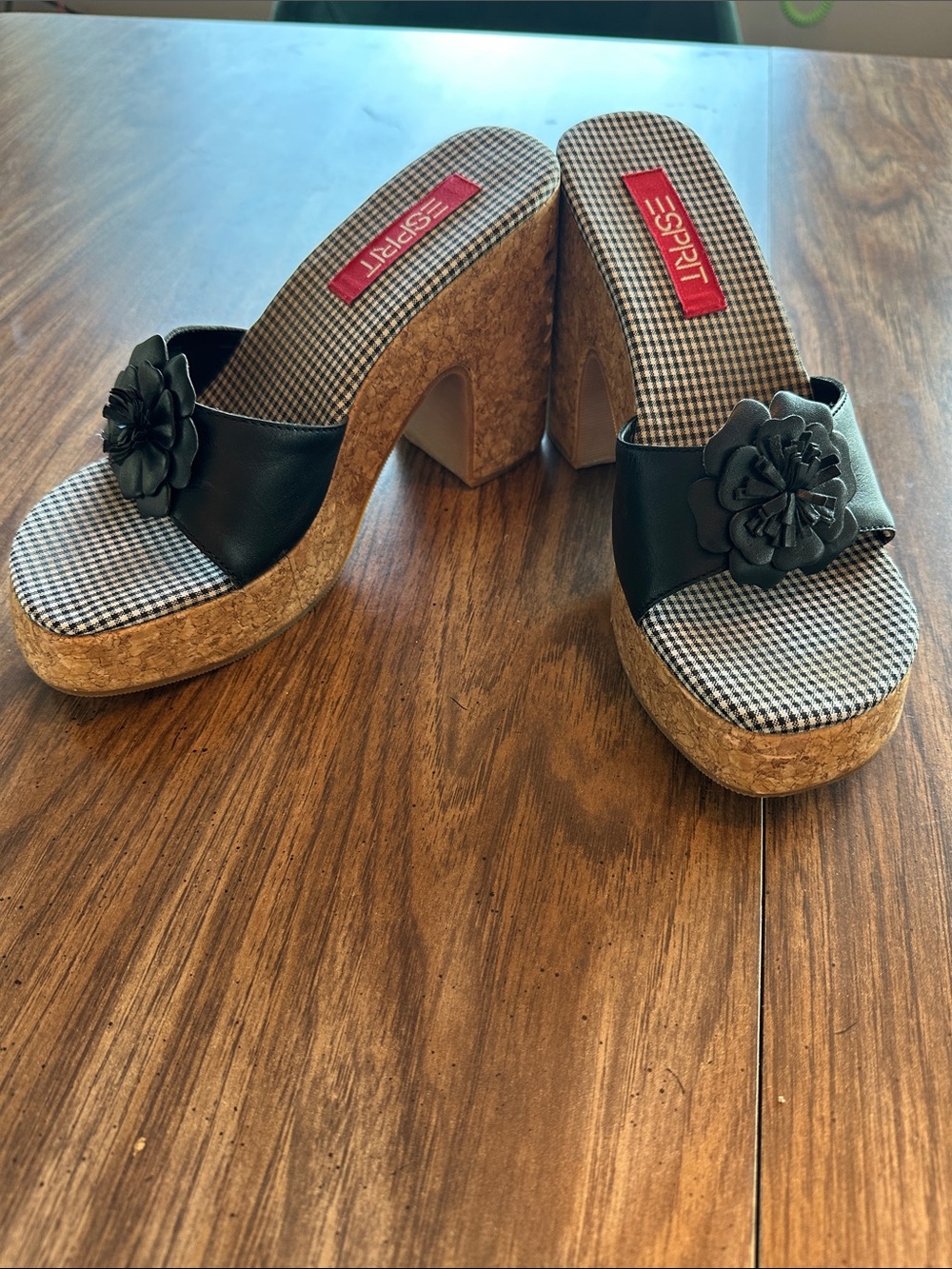 Esprit Black Floral Cork Wedge Slide Mules